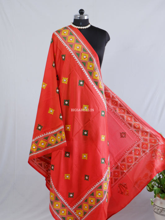 Kutchi Work Dupatta | Blended Banglore Silk Dupatta | Red