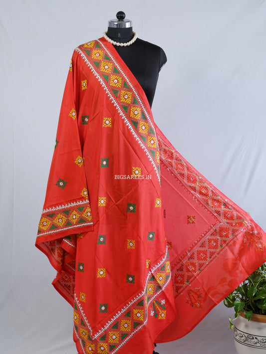 Kutchi Work Dupatta | Blended Banglore Silk Dupatta | Red