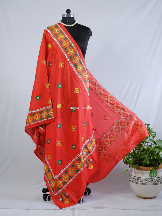 Kutchi Work Dupatta | Blended Banglore Silk Dupatta | Red