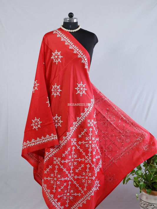 Kutchi Work Dupatta | Blended Banglore Silk Dupatta | Red