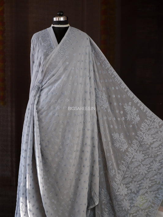 Chikankari Hand Embroidered Saree | Semi Georgette | Grey