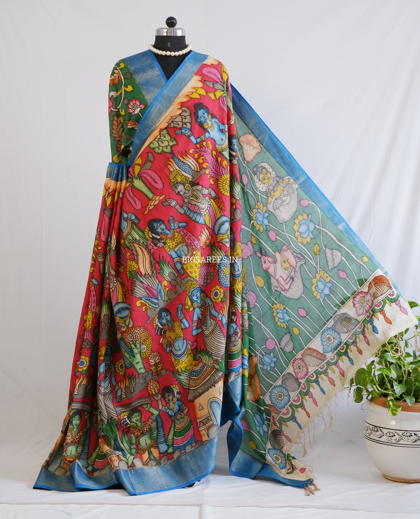 Pen Kalamkari Cotton Saree with Running Blouse | Hand-Painted | Red