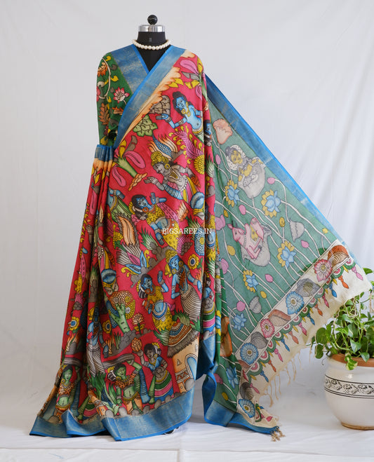 Pen Kalamkari Cotton Saree with Running Blouse | Hand-Painted | Red