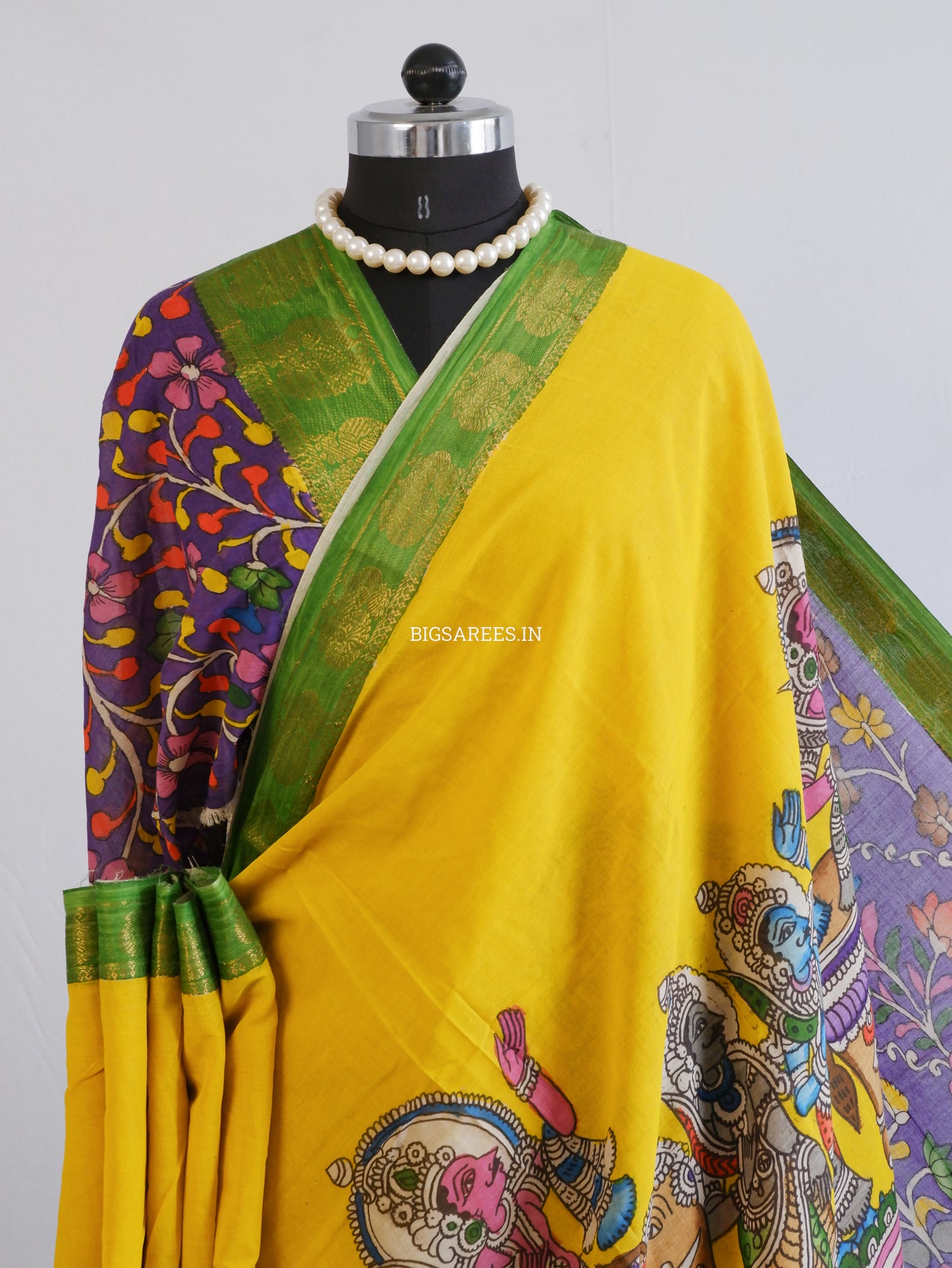 Pen Kalamkari Cotton Saree with Running Blouse | Hand-Painted | Yellow