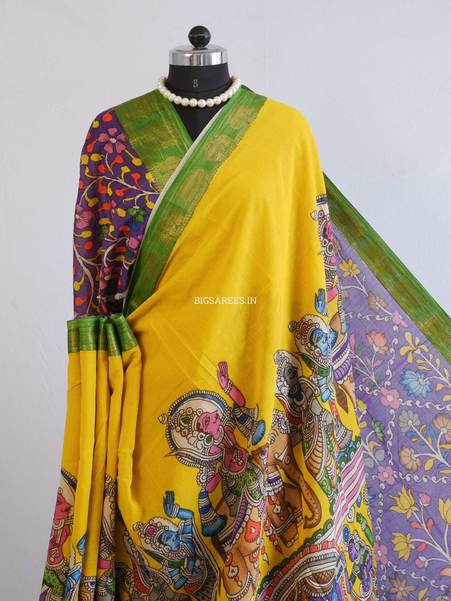 Pen Kalamkari Cotton Saree with Running Blouse | Hand-Painted | Yellow