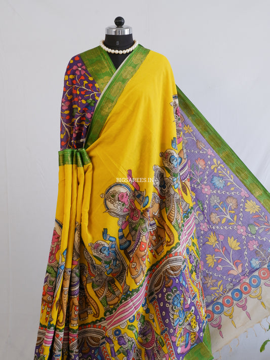 Pen Kalamkari Cotton Saree with Running Blouse | Hand-Painted | Yellow