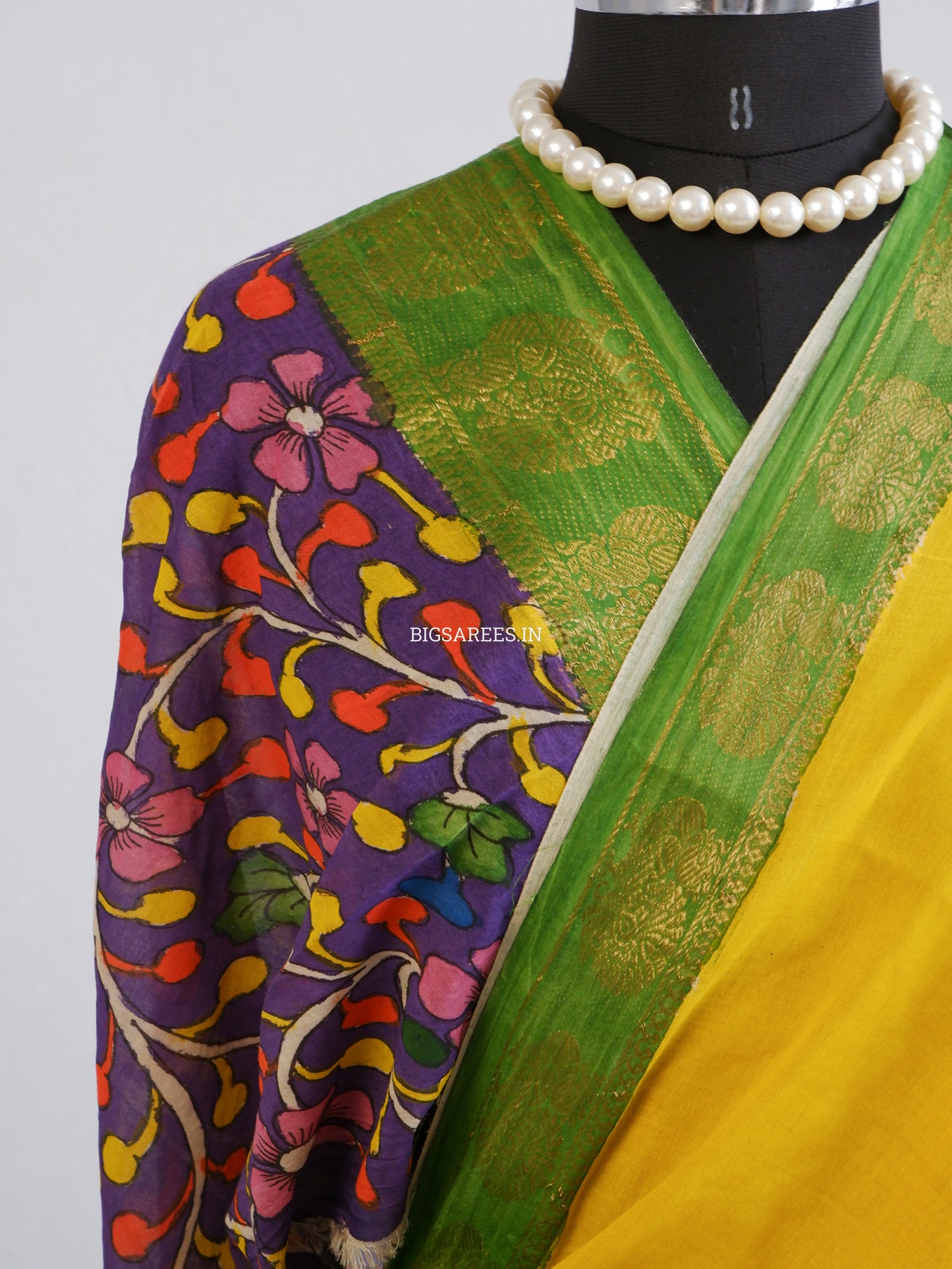 Pen Kalamkari Cotton Saree with Running Blouse | Hand-Painted | Yellow
