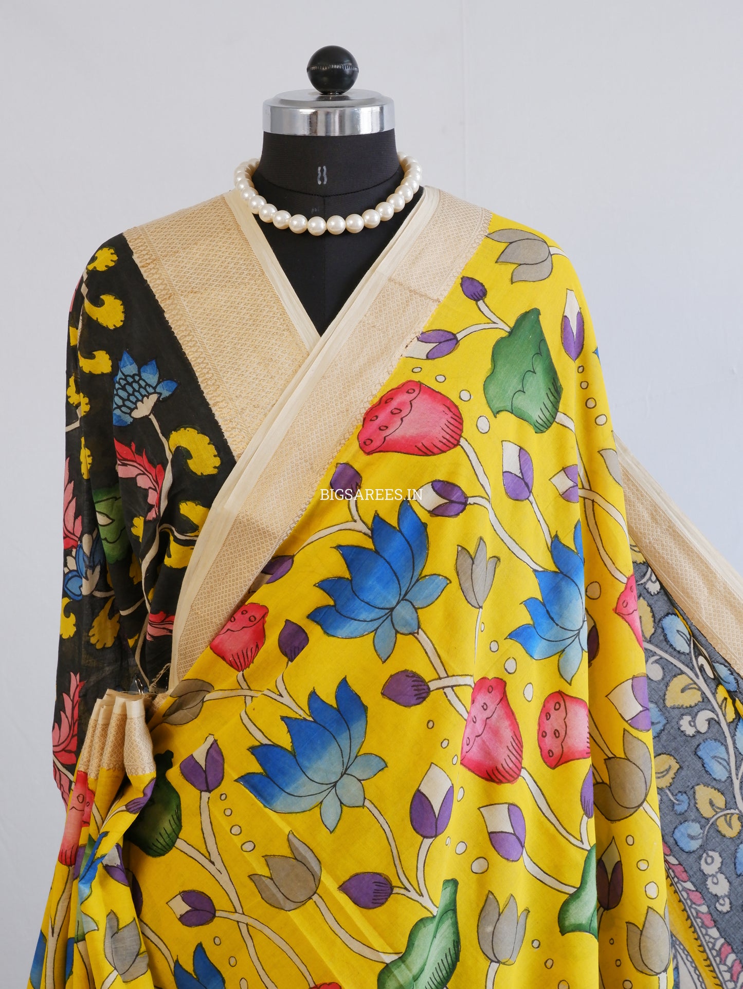 Pen Kalamkari Cotton Saree with Running Blouse | Hand-Painted | Yellow