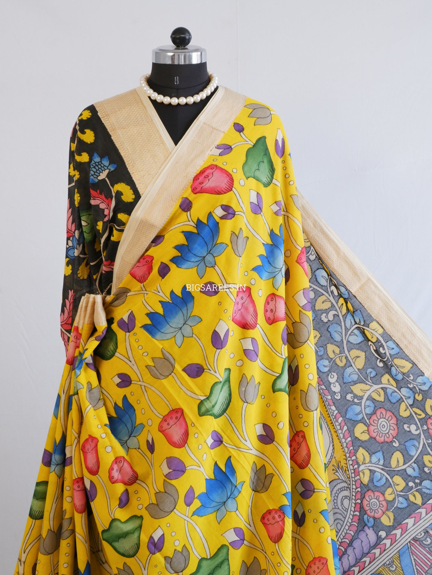 Pen Kalamkari Cotton Saree with Running Blouse | Hand-Painted | Yellow