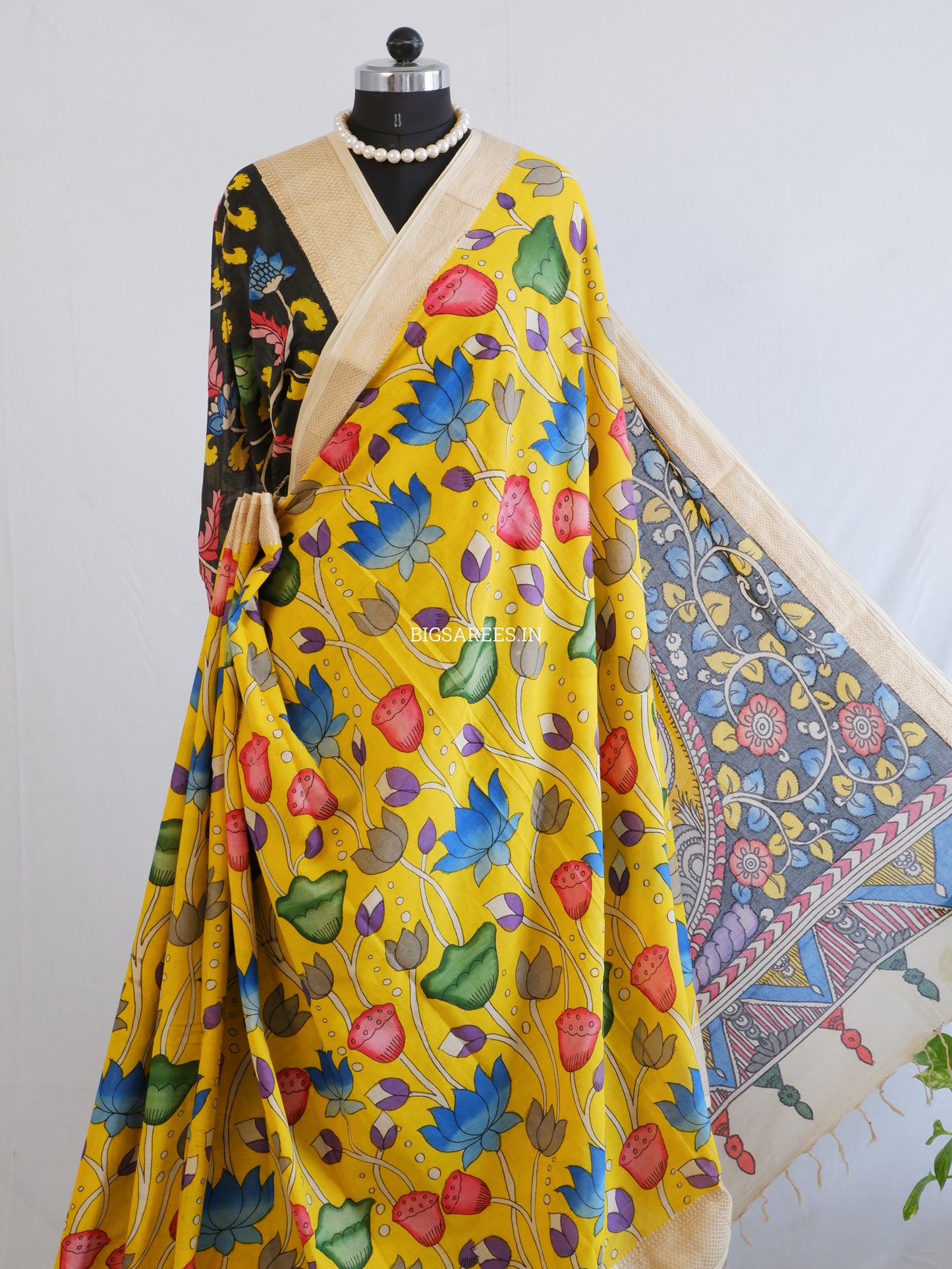 Pen Kalamkari Cotton Saree with Running Blouse | Hand-Painted | Yellow