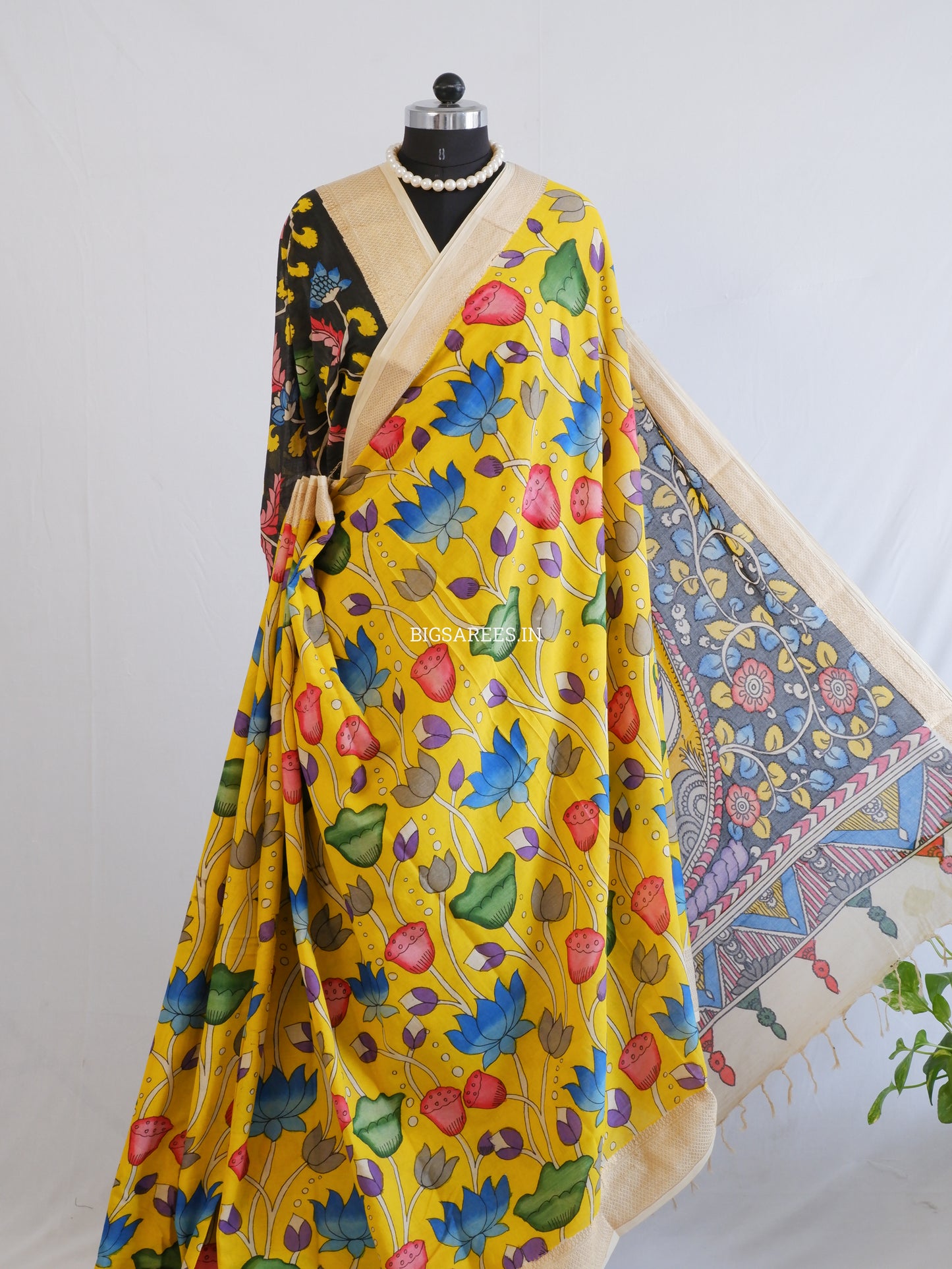 Pen Kalamkari Cotton Saree with Running Blouse | Hand-Painted | Yellow