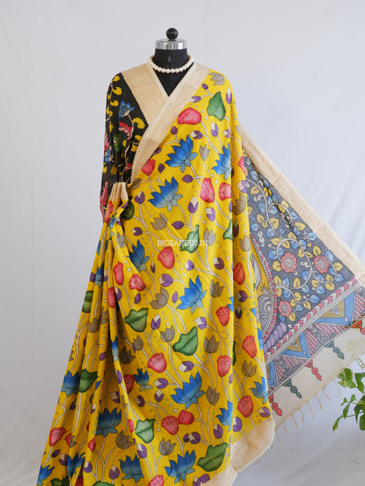 Pen Kalamkari Cotton Saree with Running Blouse | Hand-Painted | Yellow
