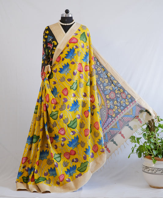 Pen Kalamkari Cotton Saree with Running Blouse | Hand-Painted | Yellow