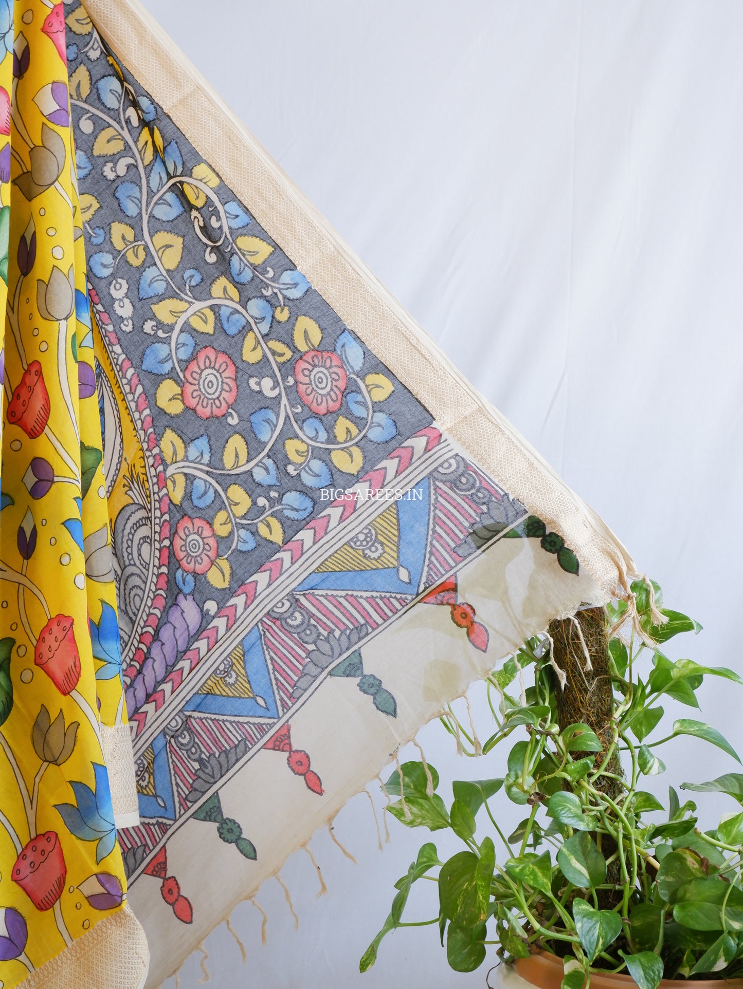 Pen Kalamkari Cotton Saree with Running Blouse | Hand-Painted | Yellow
