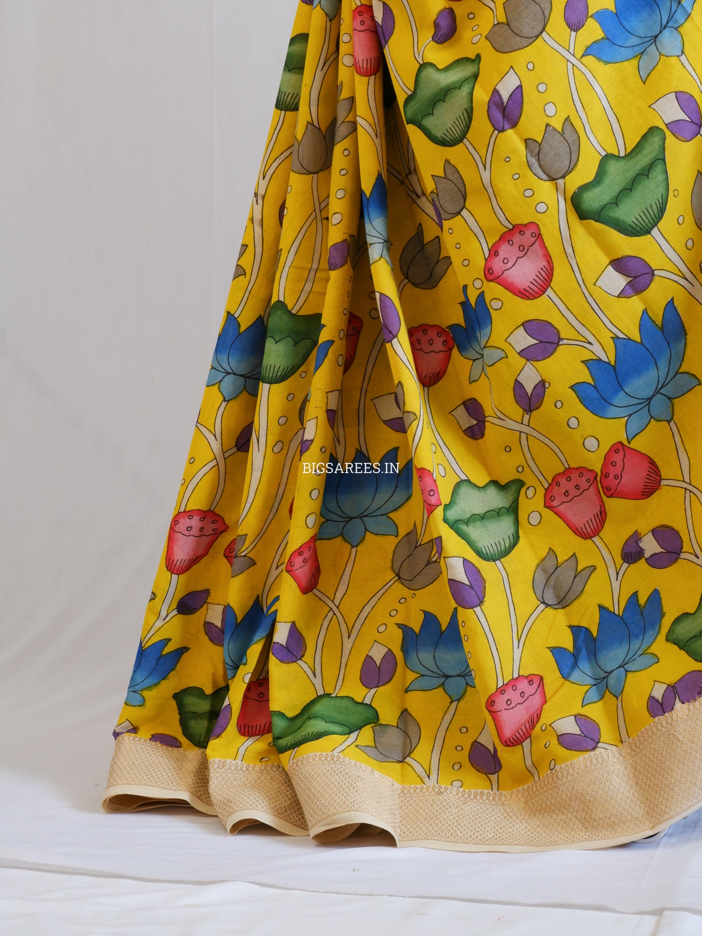 Pen Kalamkari Cotton Saree with Running Blouse | Hand-Painted | Yellow