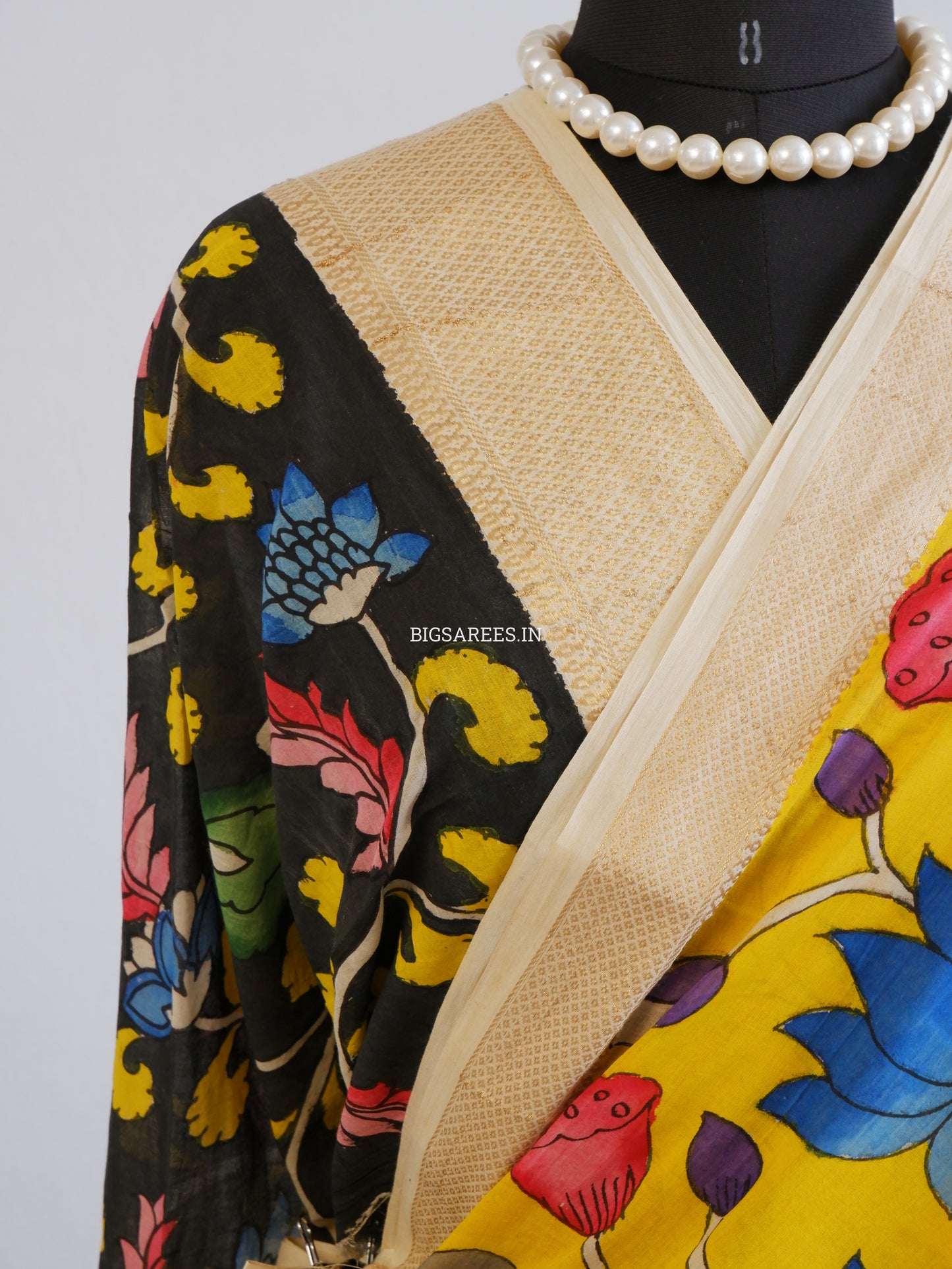 Pen Kalamkari Cotton Saree with Running Blouse | Hand-Painted | Yellow