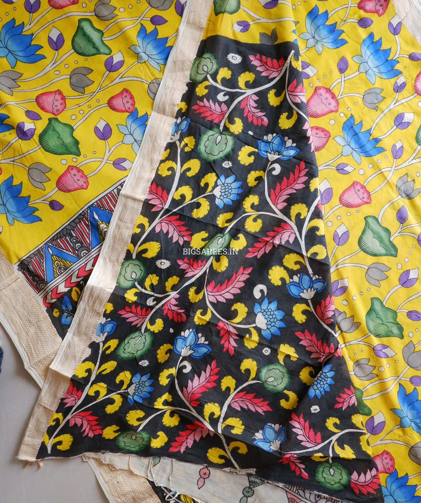 Pen Kalamkari Cotton Saree with Running Blouse | Hand-Painted | Yellow