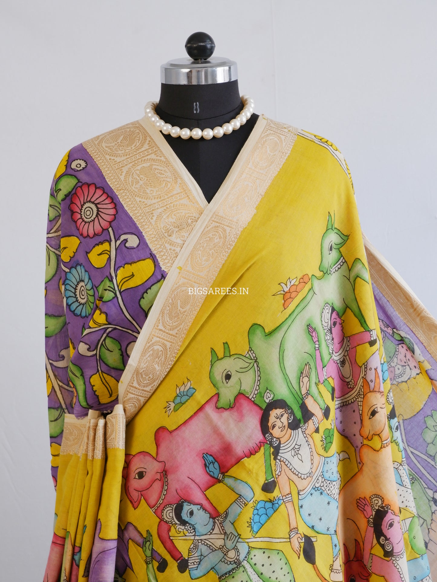 Pen Kalamkari Cotton Saree with Running Blouse | Hand-Painted | Yellow