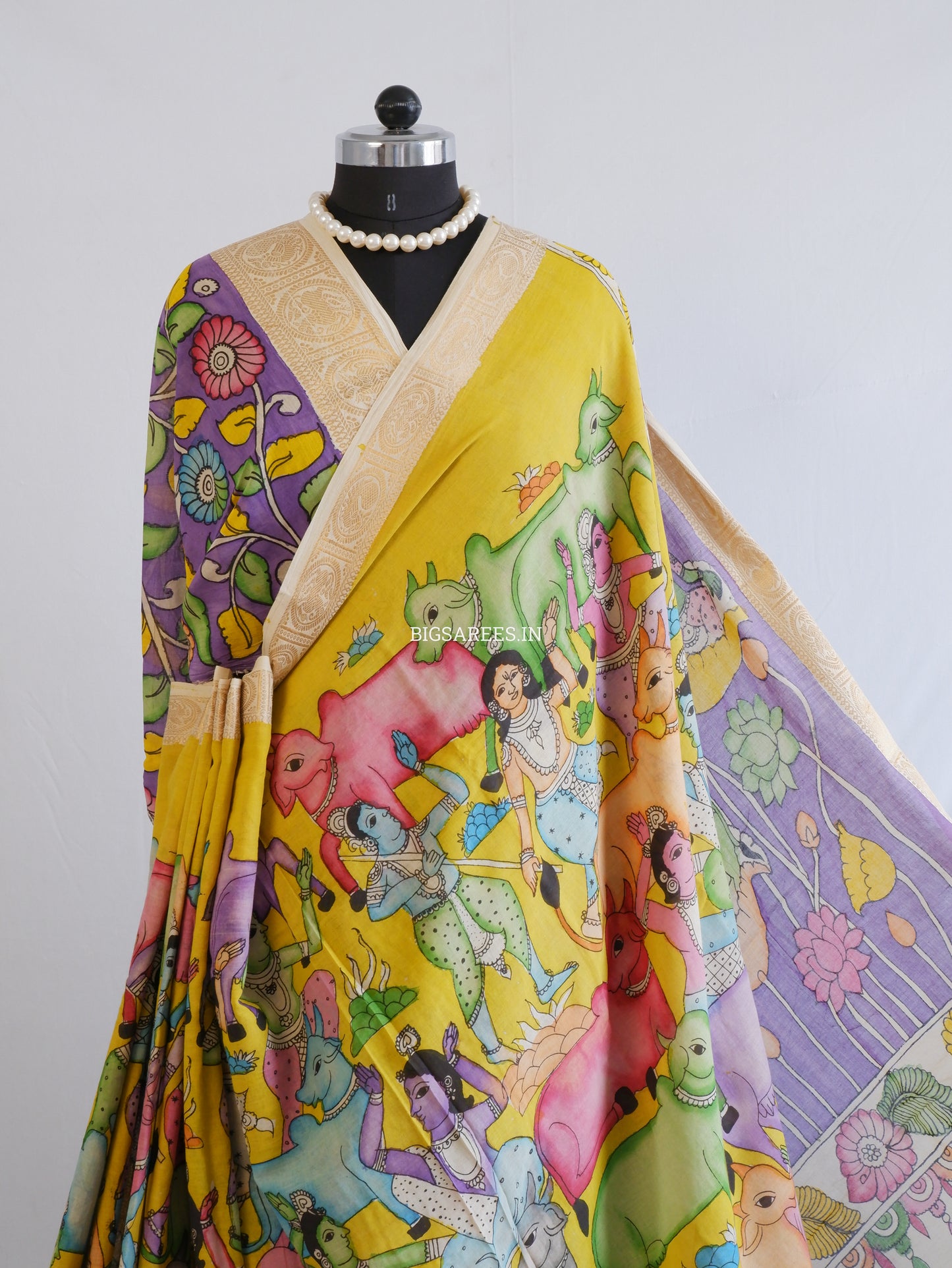 Pen Kalamkari Cotton Saree with Running Blouse | Hand-Painted | Yellow