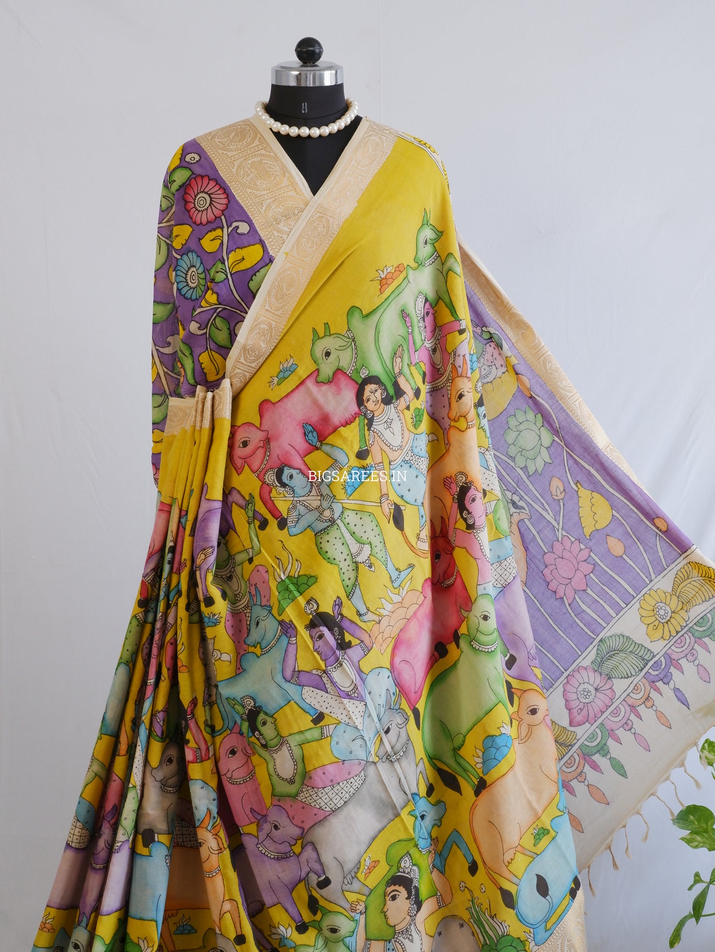 Pen Kalamkari Cotton Saree with Running Blouse | Hand-Painted | Yellow