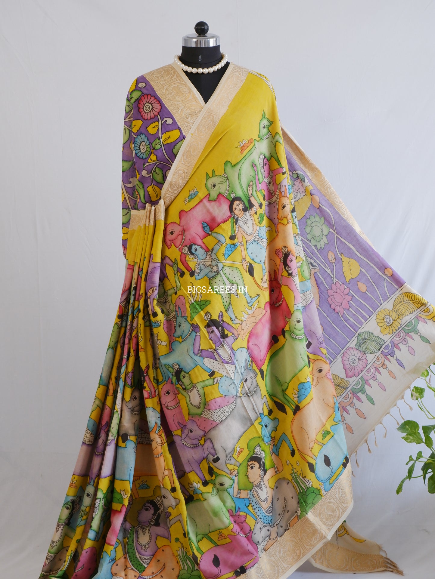 Pen Kalamkari Cotton Saree with Running Blouse | Hand-Painted | Yellow