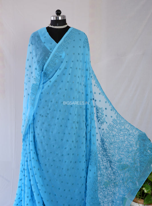 Chikankari Hand Embroidered Saree | Semi Georgette | Blue