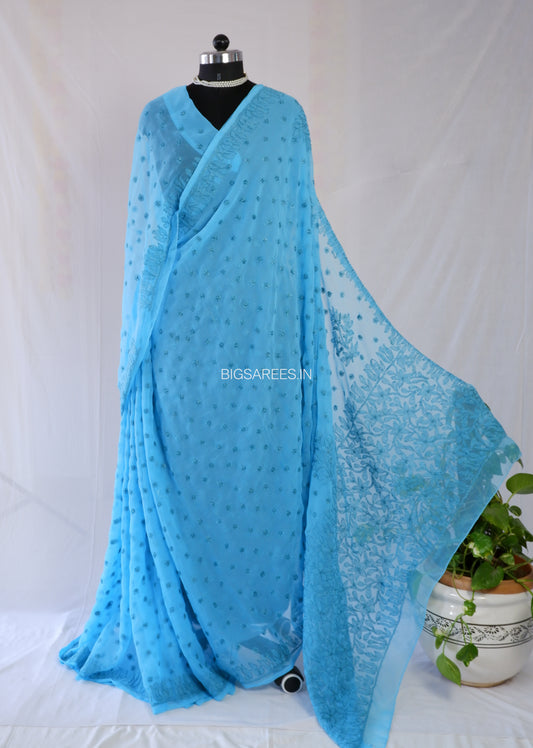 Chikankari Hand Embroidered Saree | Semi Georgette | Blue