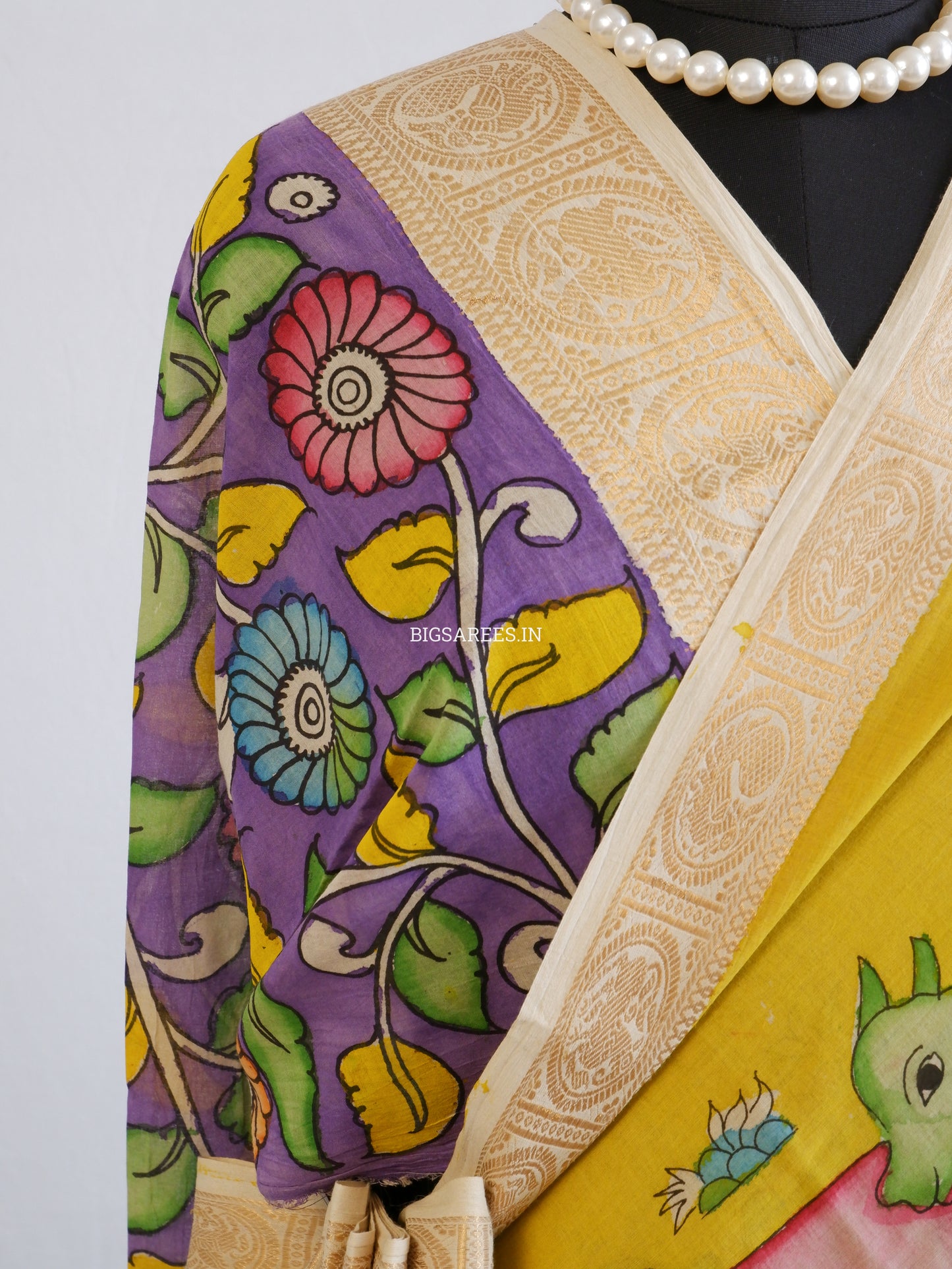 Pen Kalamkari Cotton Saree with Running Blouse | Hand-Painted | Yellow