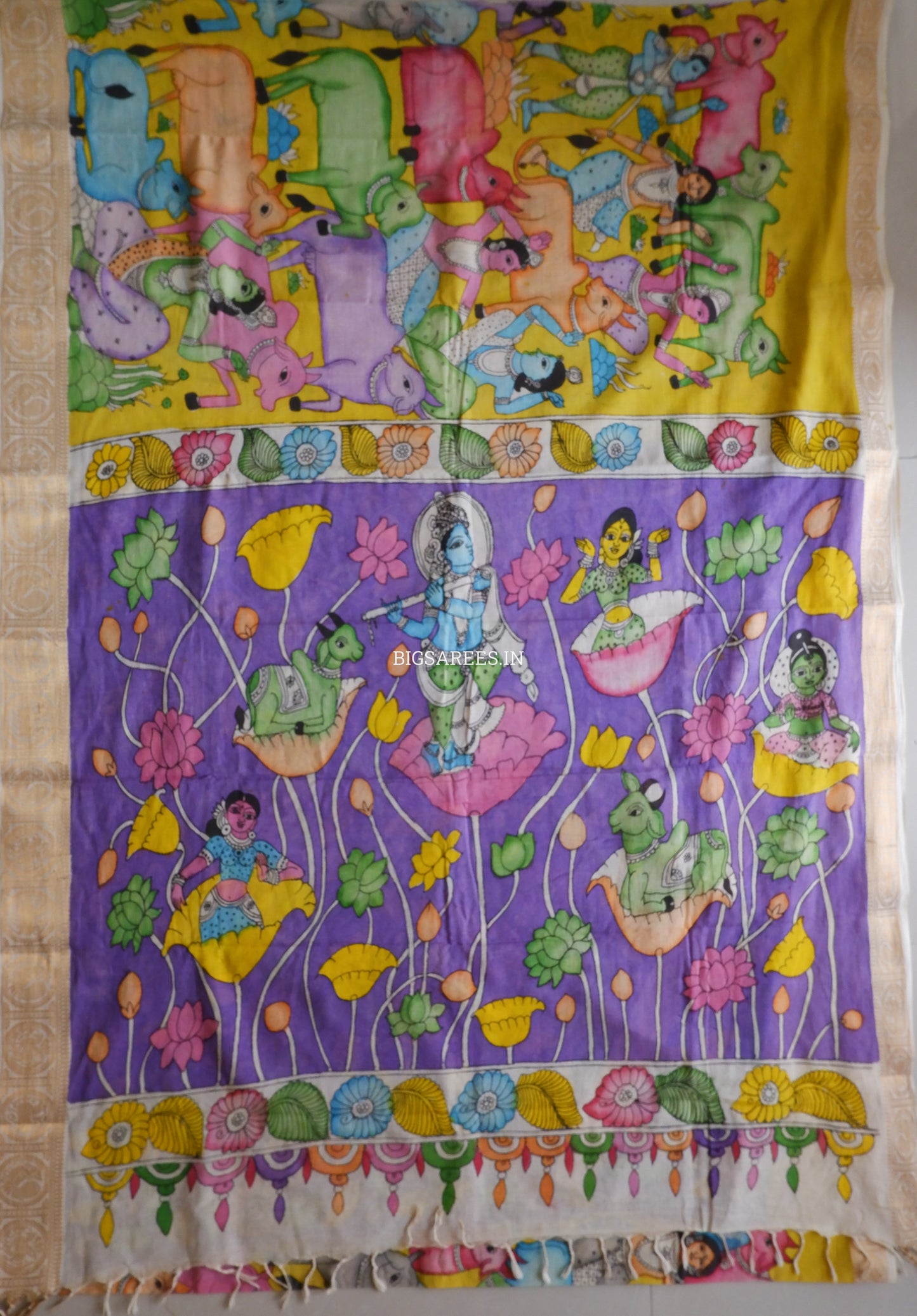 Pen Kalamkari Cotton Saree with Running Blouse | Hand-Painted | Yellow