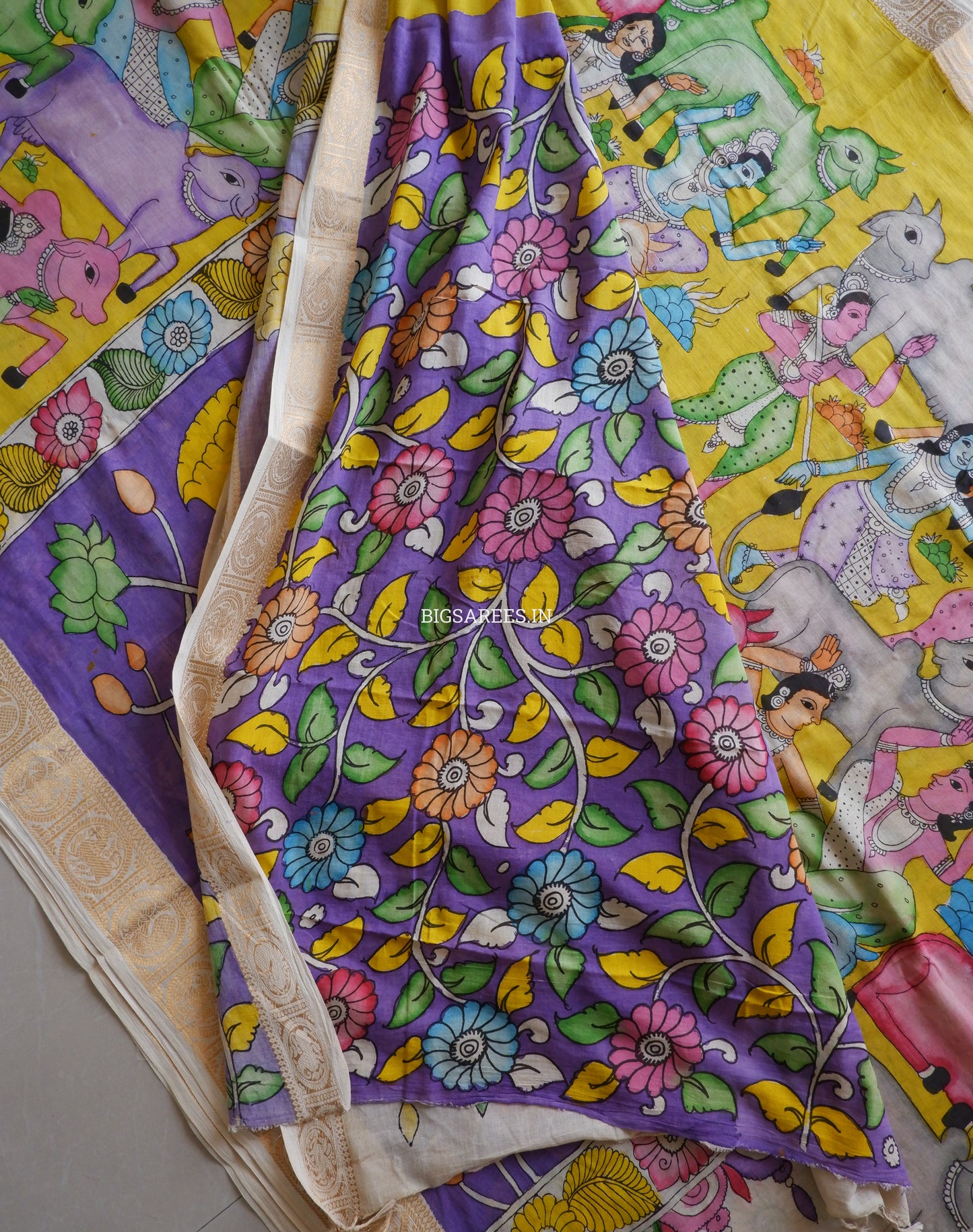 Pen Kalamkari Cotton Saree with Running Blouse | Hand-Painted | Yellow