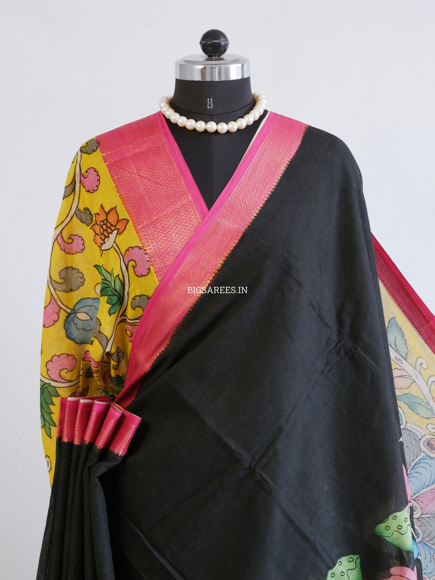 Pen Kalamkari Cotton Saree with Running Blouse | Hand-Painted | Black