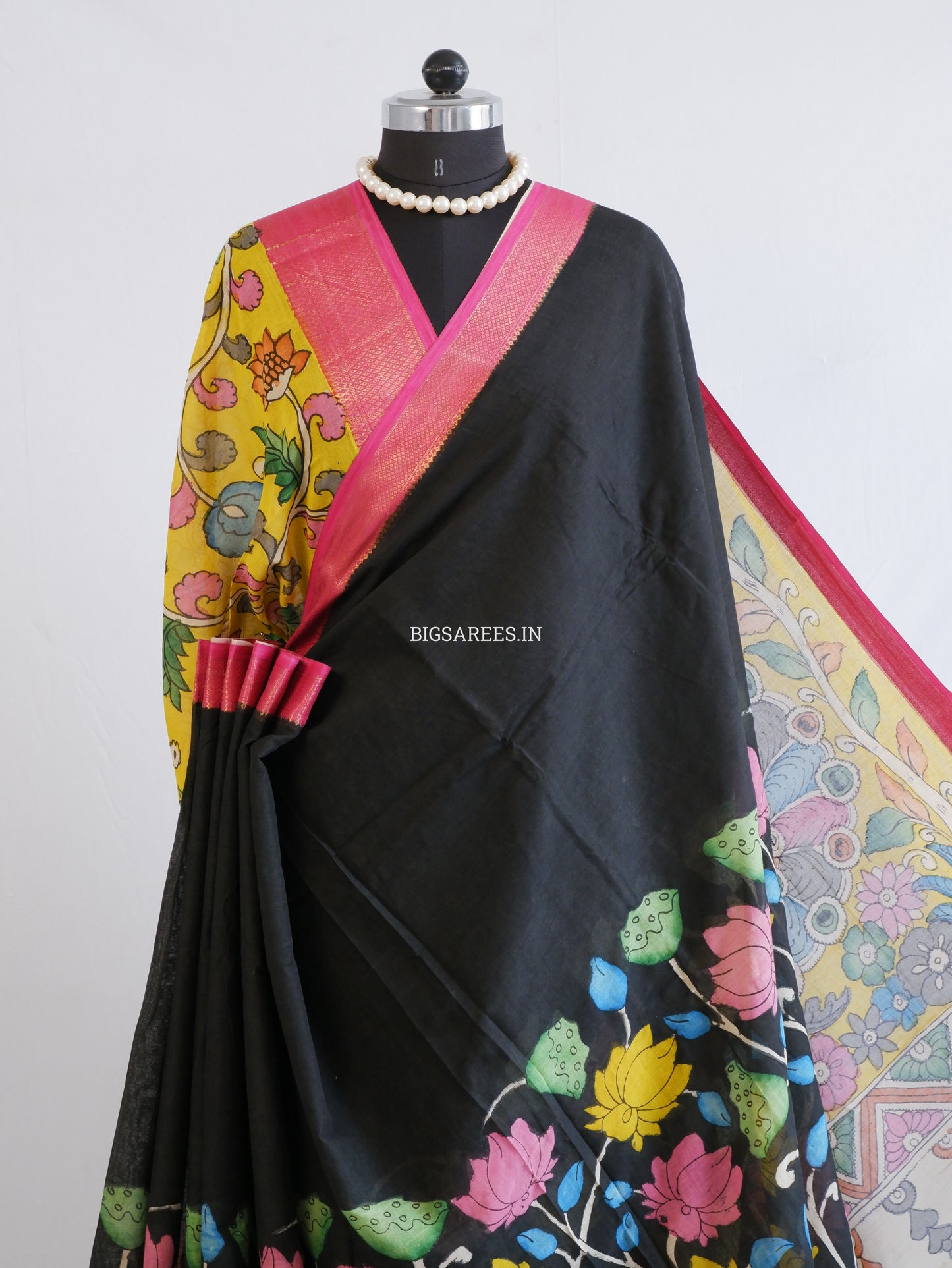 Pen Kalamkari Cotton Saree with Running Blouse | Hand-Painted | Black