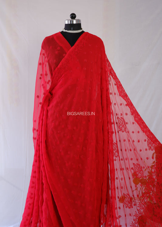 Chikankari Hand Embroidered Saree | Semi Georgette | Red