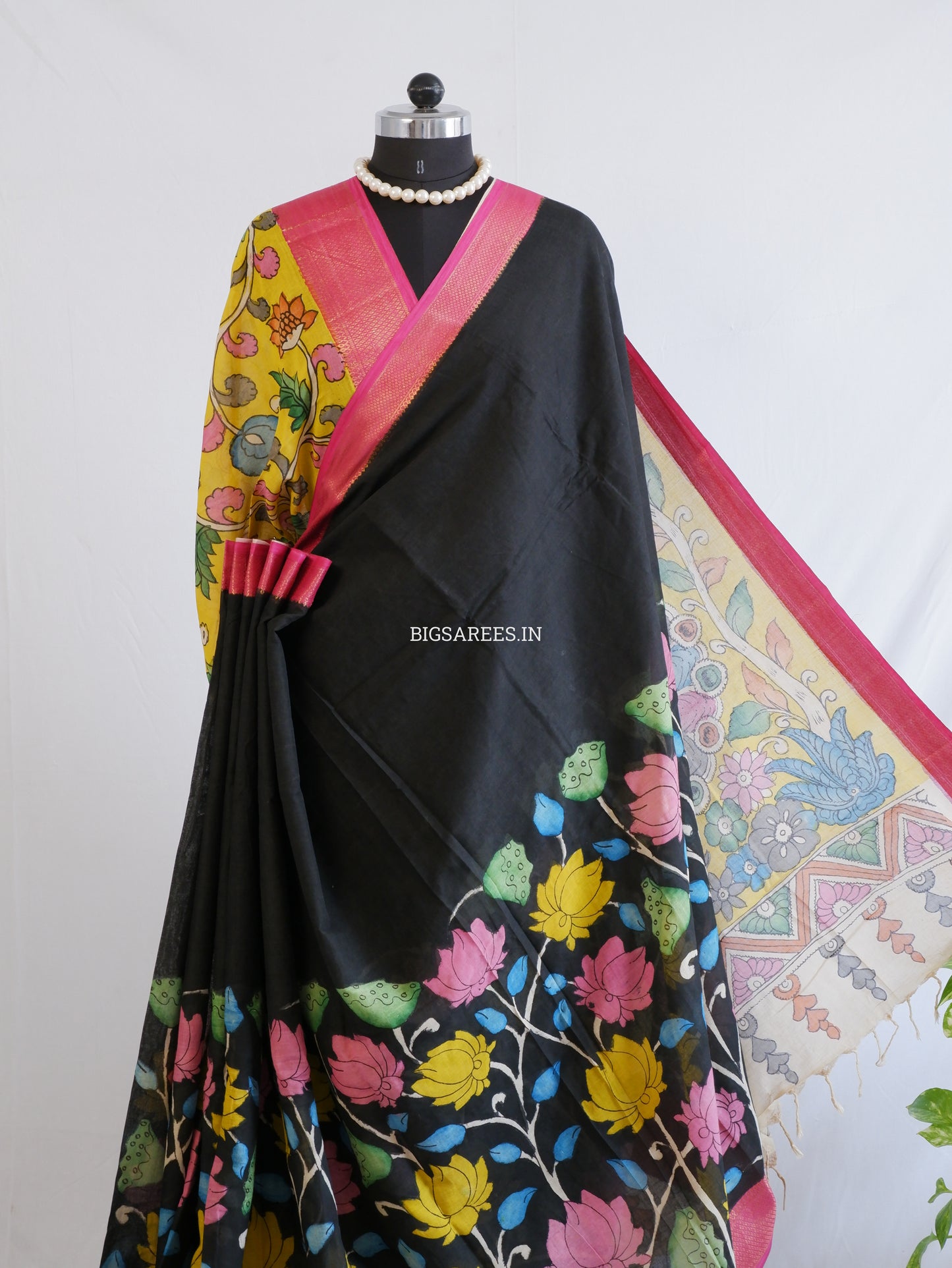 Pen Kalamkari Cotton Saree with Running Blouse | Hand-Painted | Black