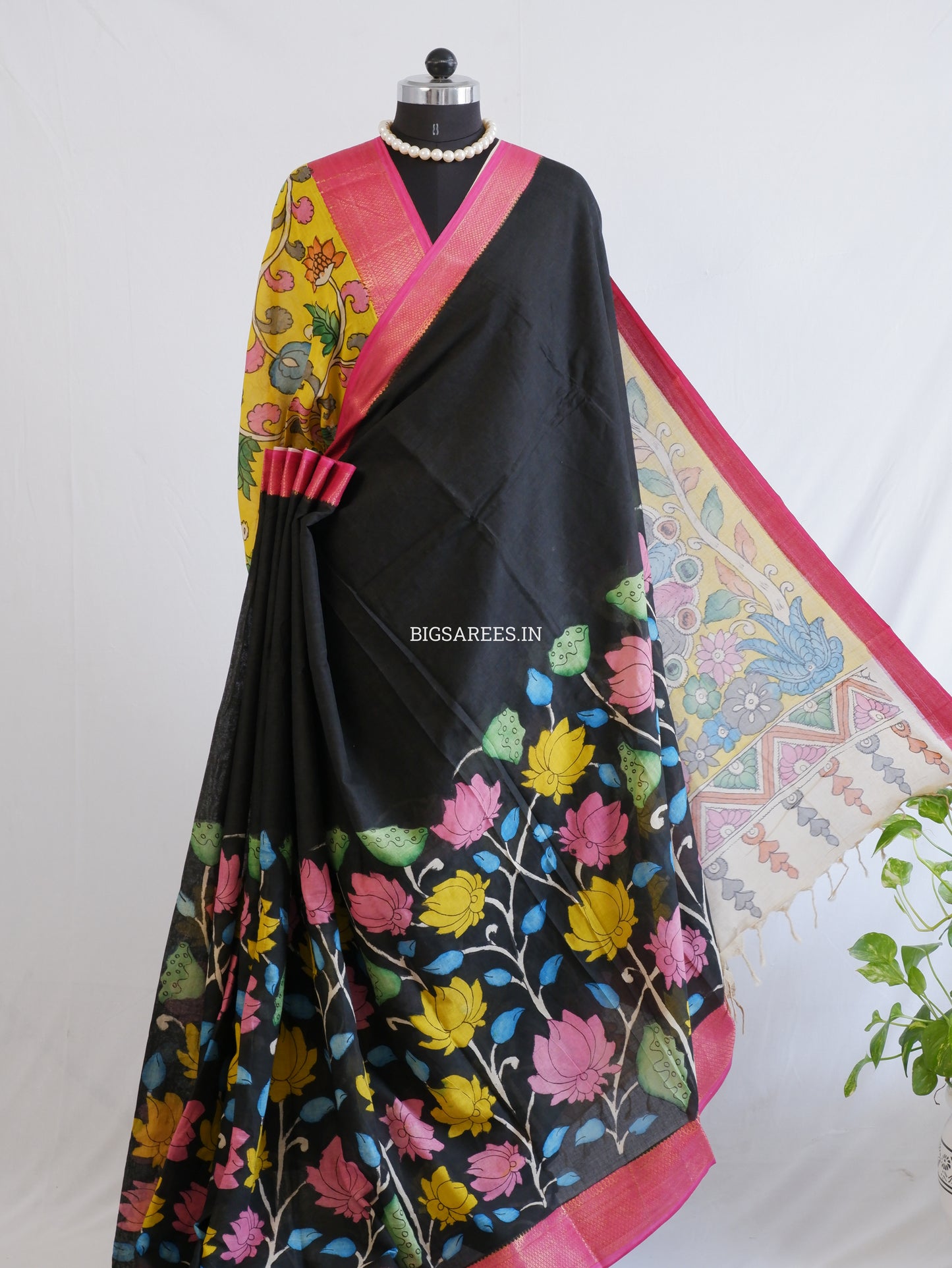 Pen Kalamkari Cotton Saree with Running Blouse | Hand-Painted | Black