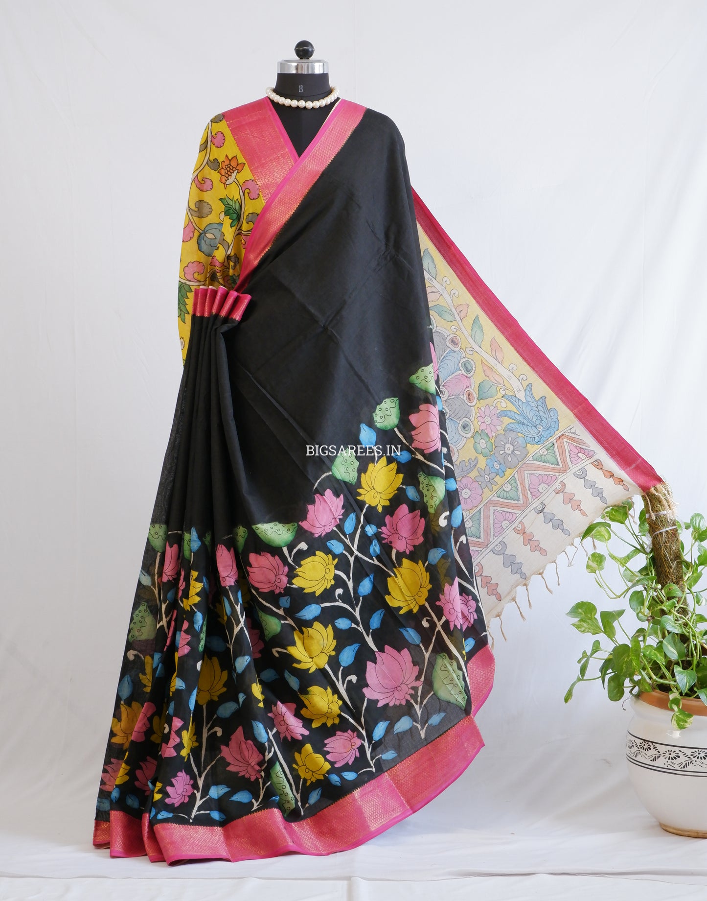 Pen Kalamkari Cotton Saree with Running Blouse | Hand-Painted | Black
