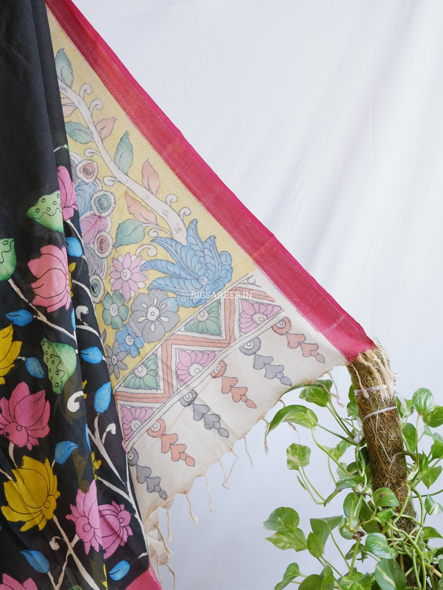 Pen Kalamkari Cotton Saree with Running Blouse | Hand-Painted | Black