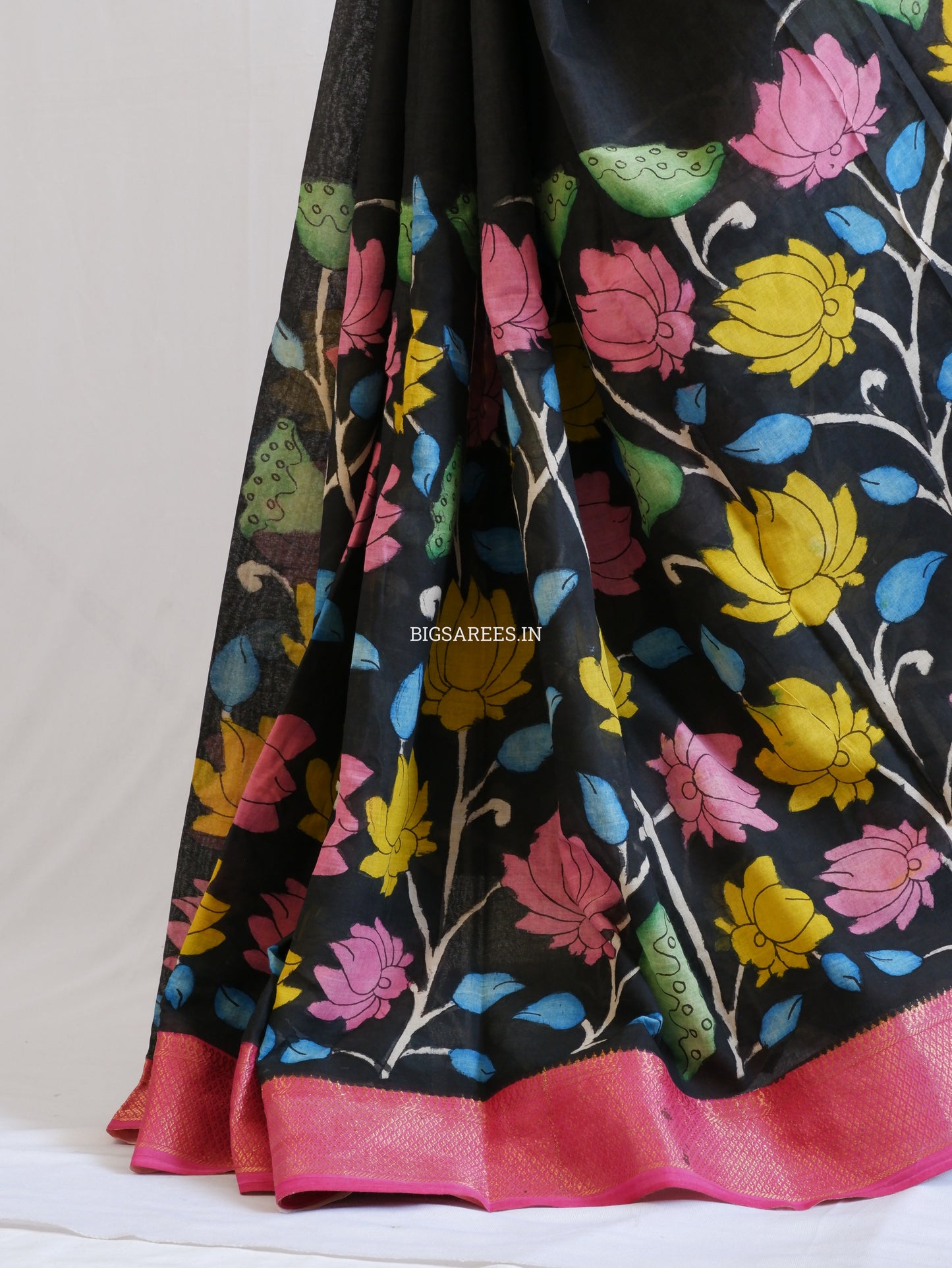 Pen Kalamkari Cotton Saree with Running Blouse | Hand-Painted | Black
