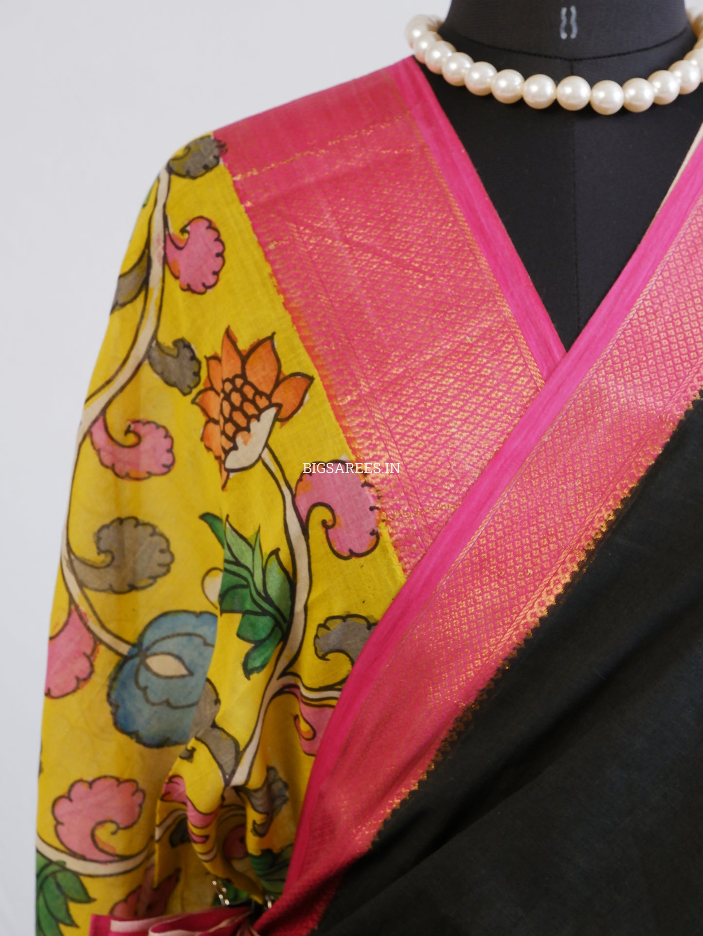 Pen Kalamkari Cotton Saree with Running Blouse | Hand-Painted | Black