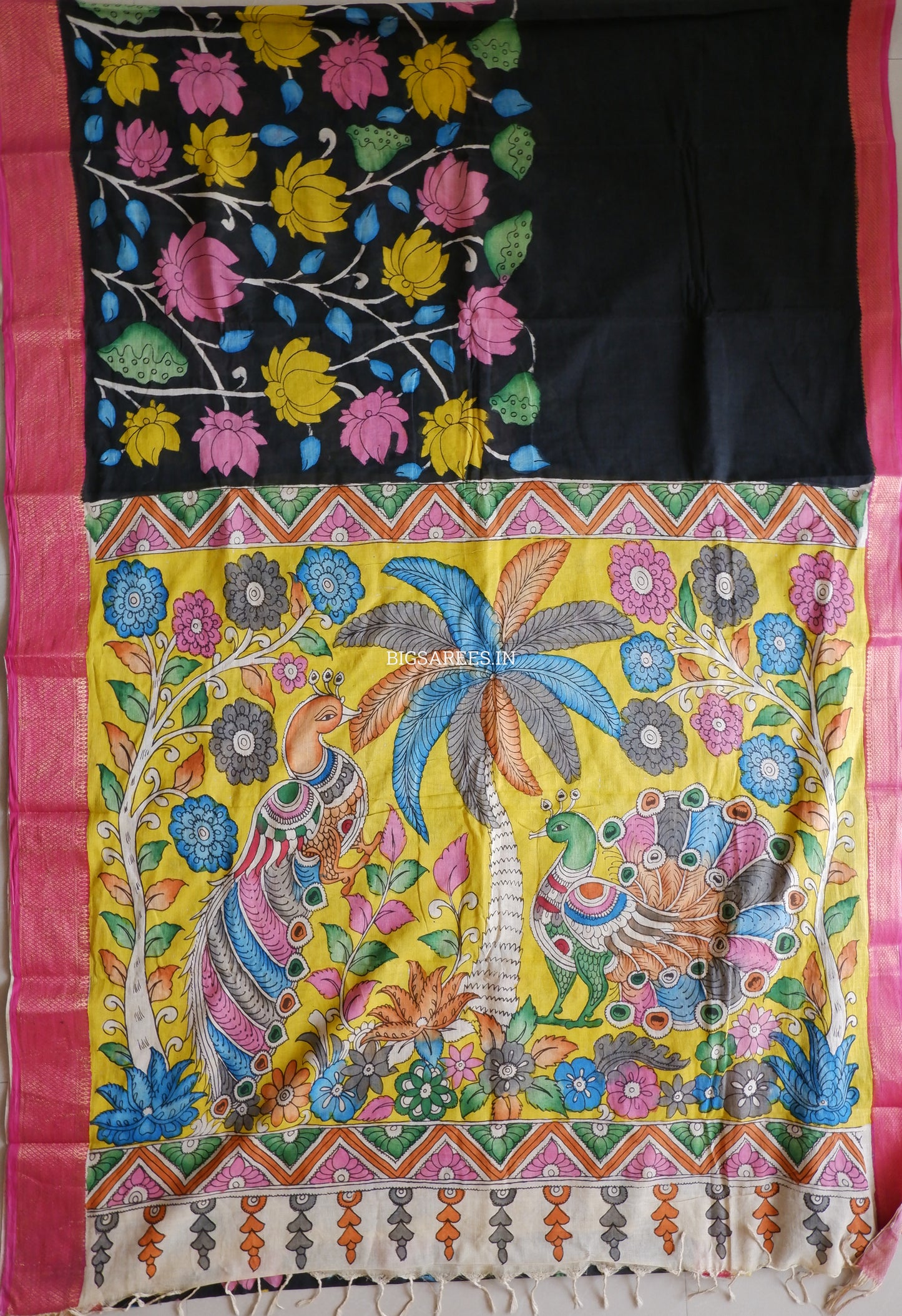 Pen Kalamkari Cotton Saree with Running Blouse | Hand-Painted | Black