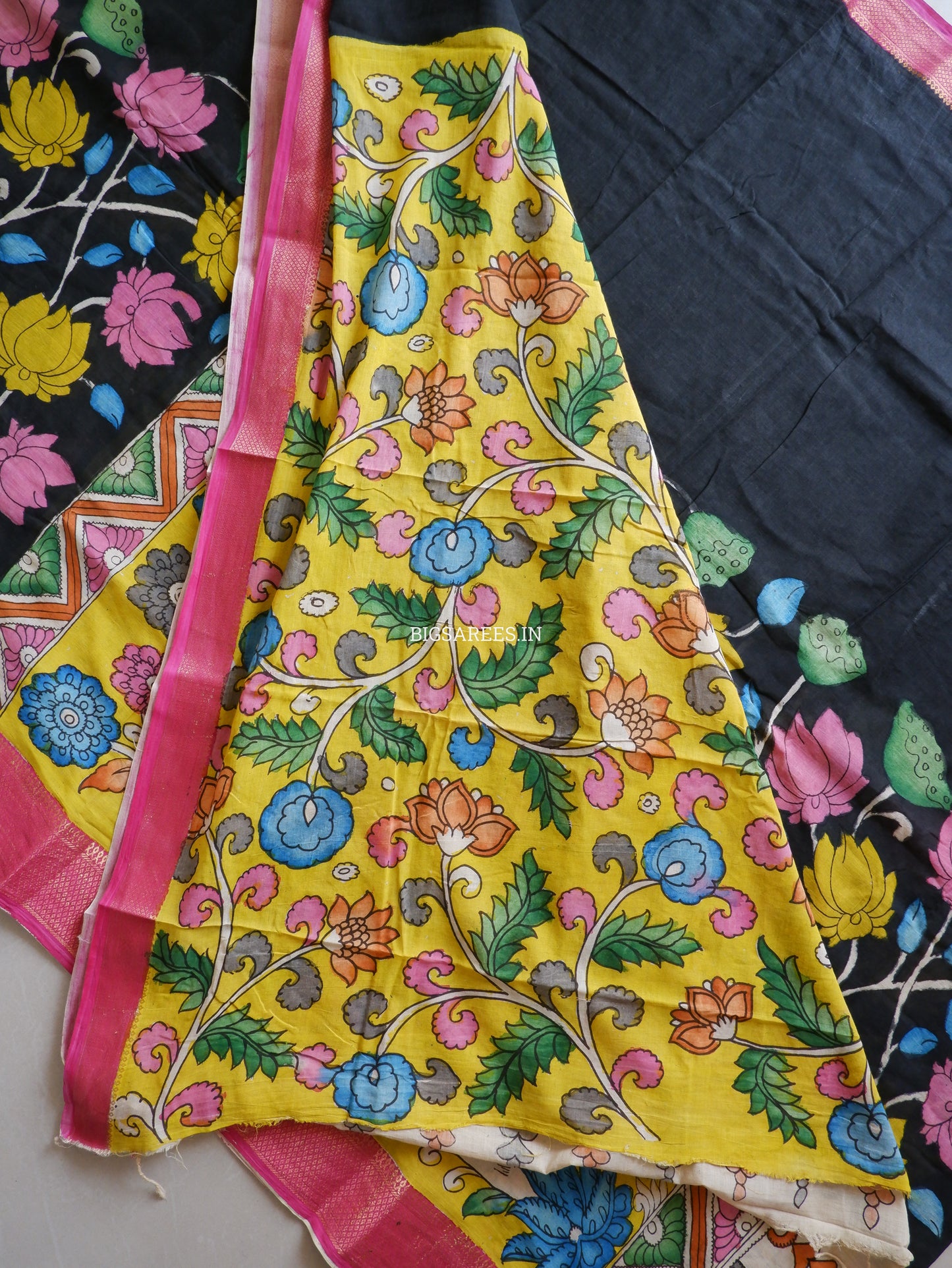 Pen Kalamkari Cotton Saree with Running Blouse | Hand-Painted | Black