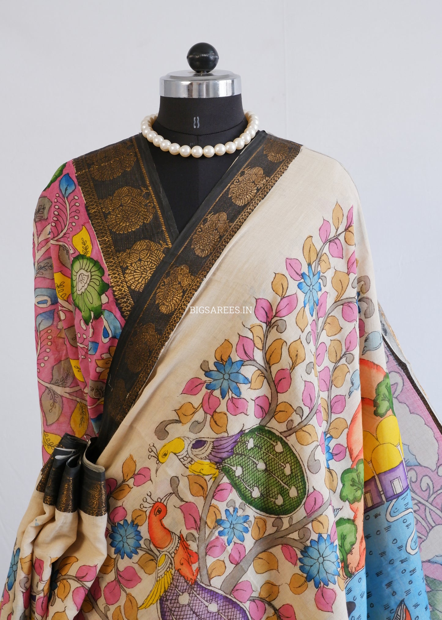 Pen Kalamkari Cotton Saree with Running Blouse | Hand-Painted | Multi-Color