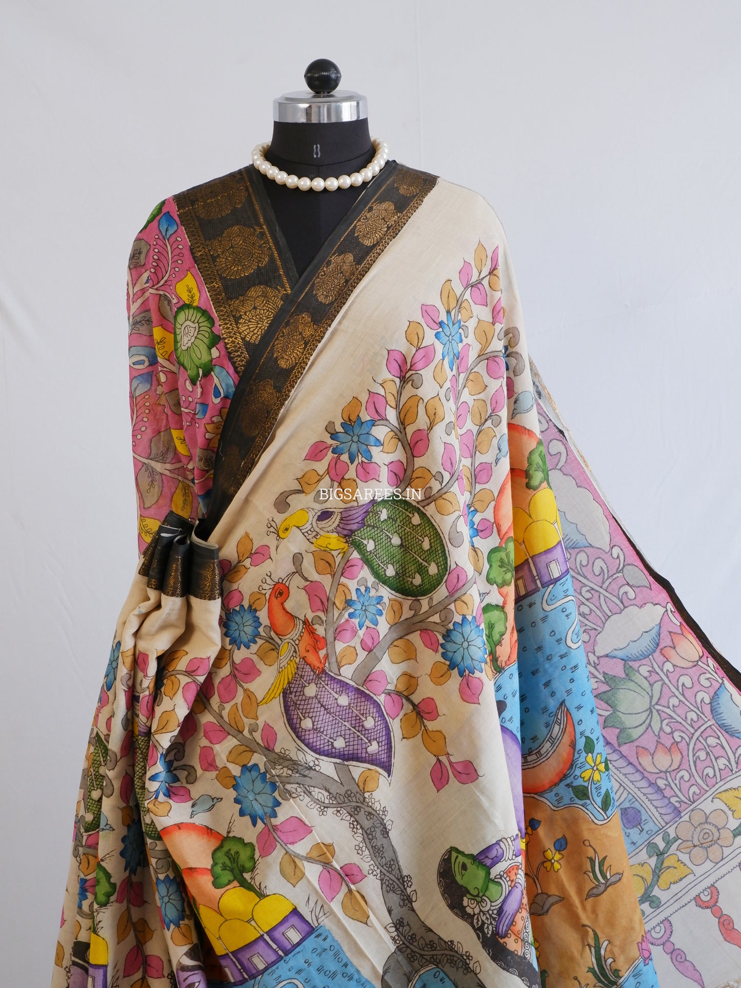 Pen Kalamkari Cotton Saree with Running Blouse | Hand-Painted | Multi-Color