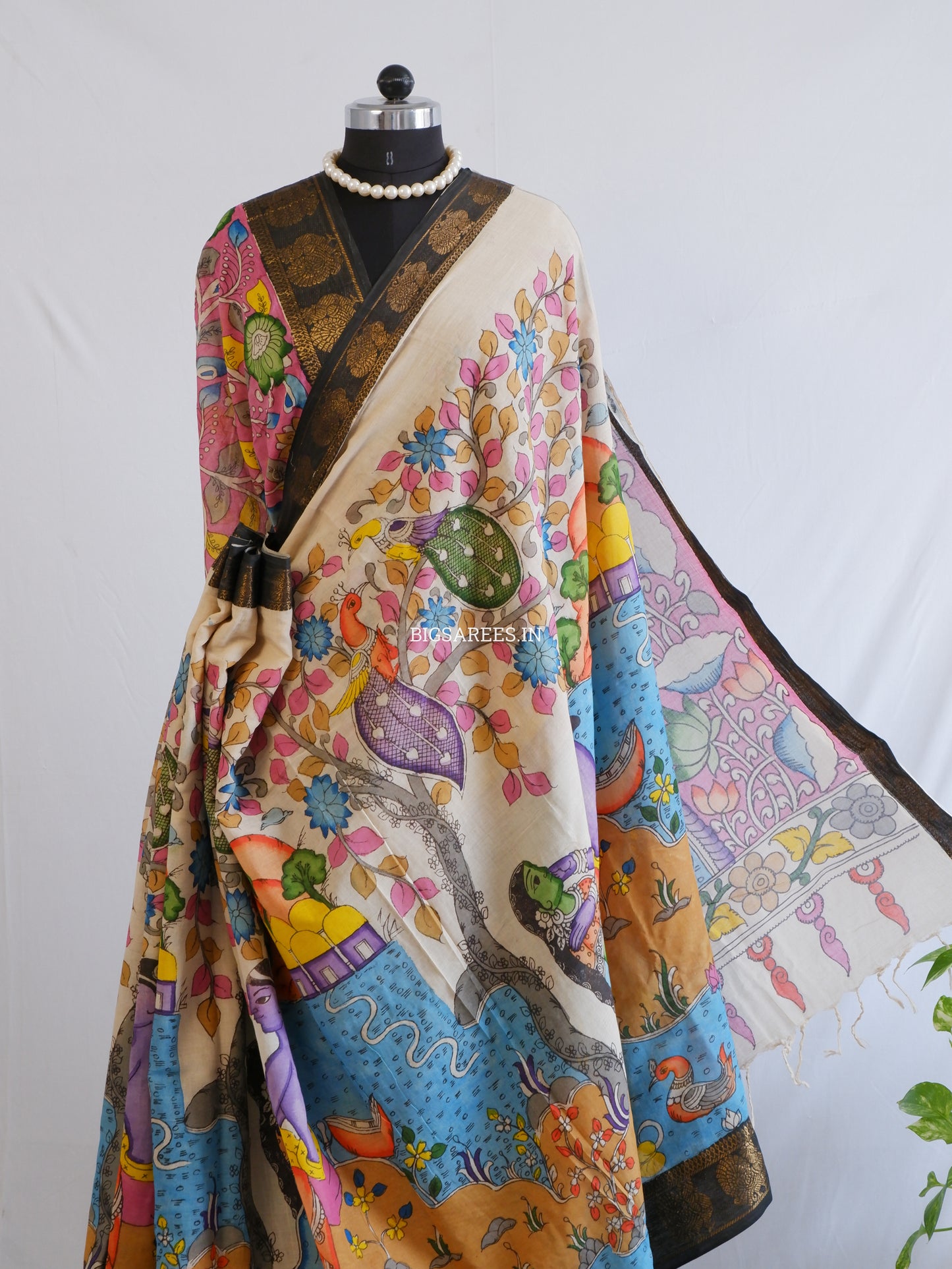 Pen Kalamkari Cotton Saree with Running Blouse | Hand-Painted | Multi-Color