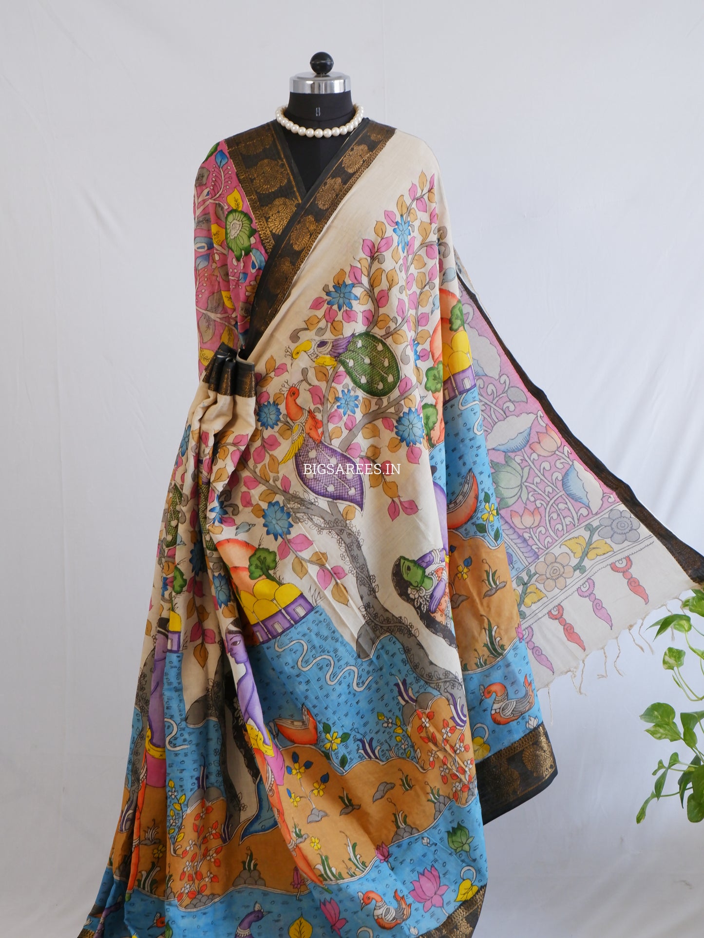 Pen Kalamkari Cotton Saree with Running Blouse | Hand-Painted | Multi-Color