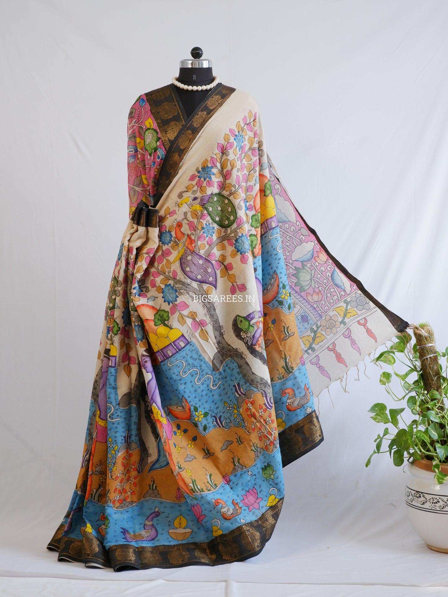 Pen Kalamkari Cotton Saree with Running Blouse | Hand-Painted | Multi-Color