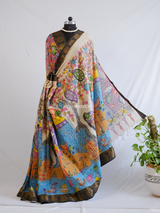 Pen Kalamkari Cotton Saree with Running Blouse | Hand-Painted | Multi-Color