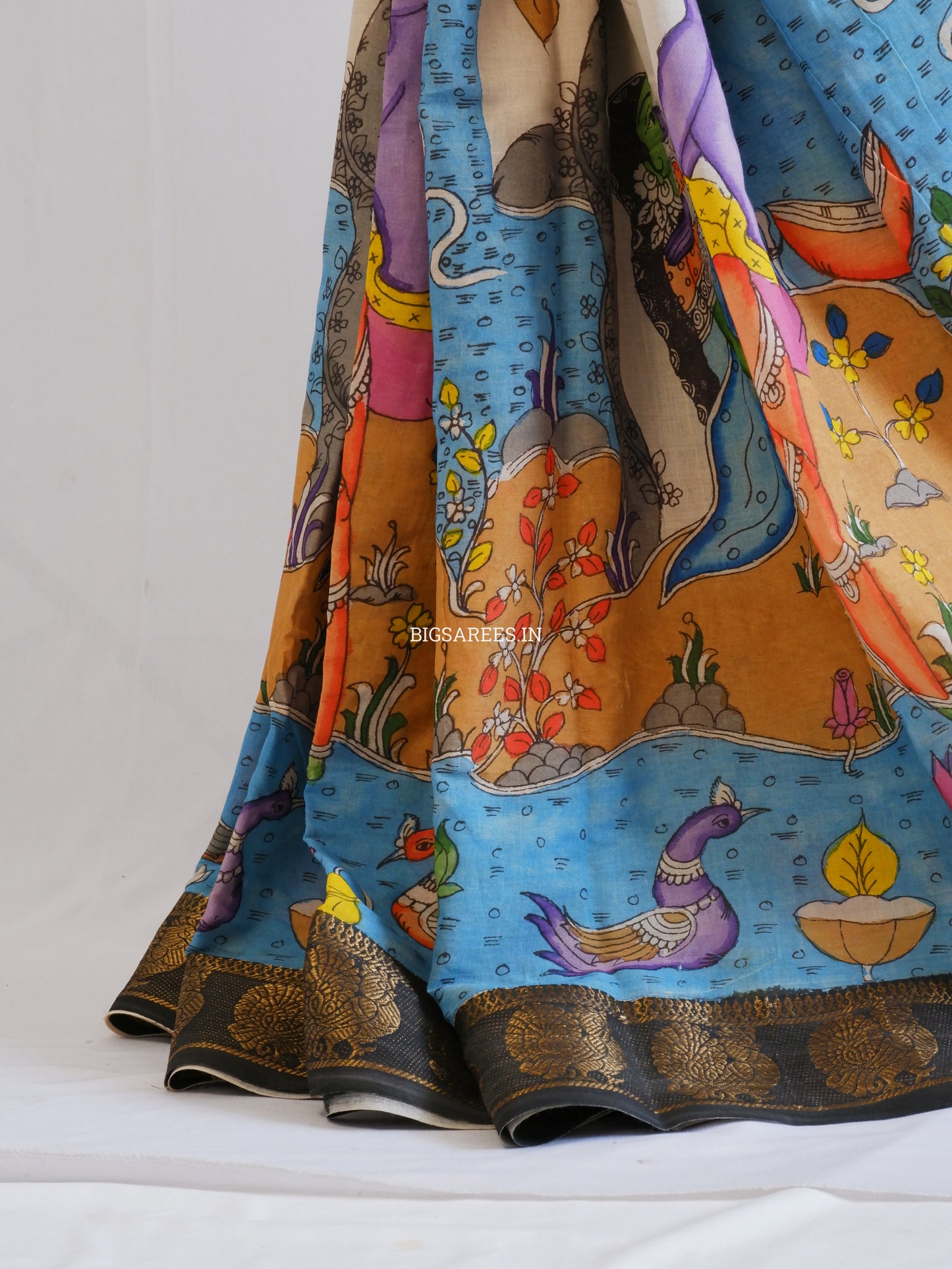 Pen Kalamkari Cotton Saree with Running Blouse | Hand-Painted | Multi-Color