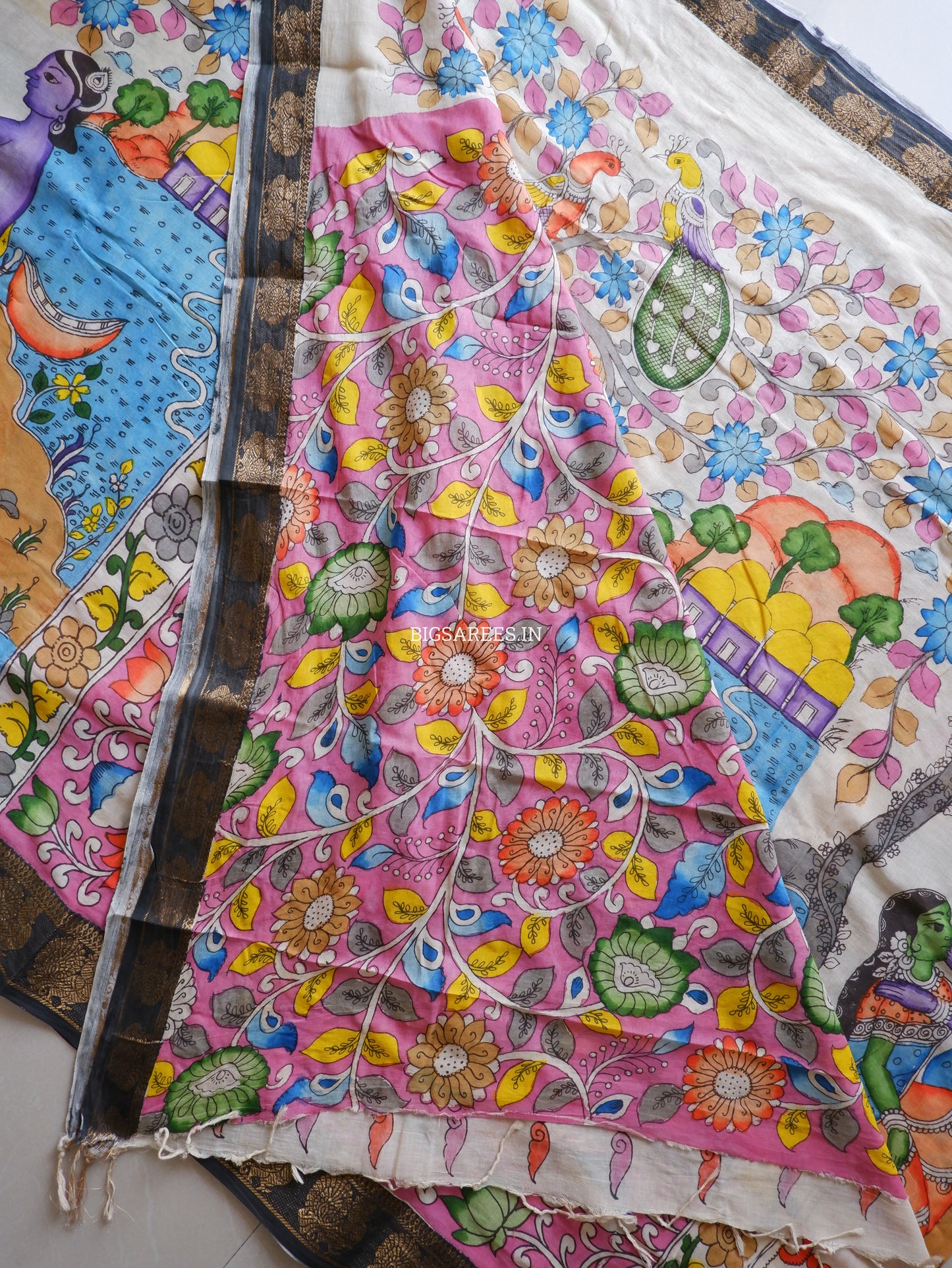 Pen Kalamkari Cotton Saree with Running Blouse | Hand-Painted | Multi-Color