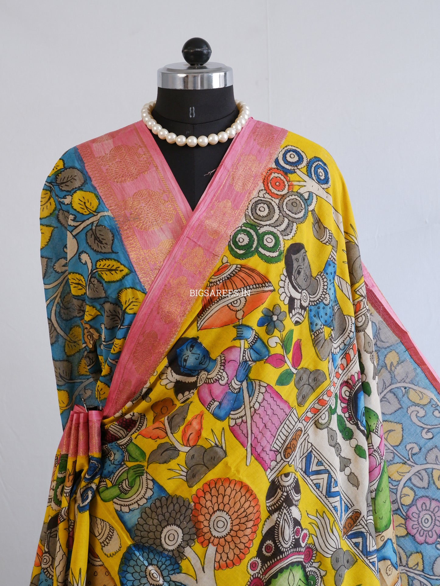 Pen Kalamkari Cotton Saree with Running Blouse | Hand-Painted | Yellow